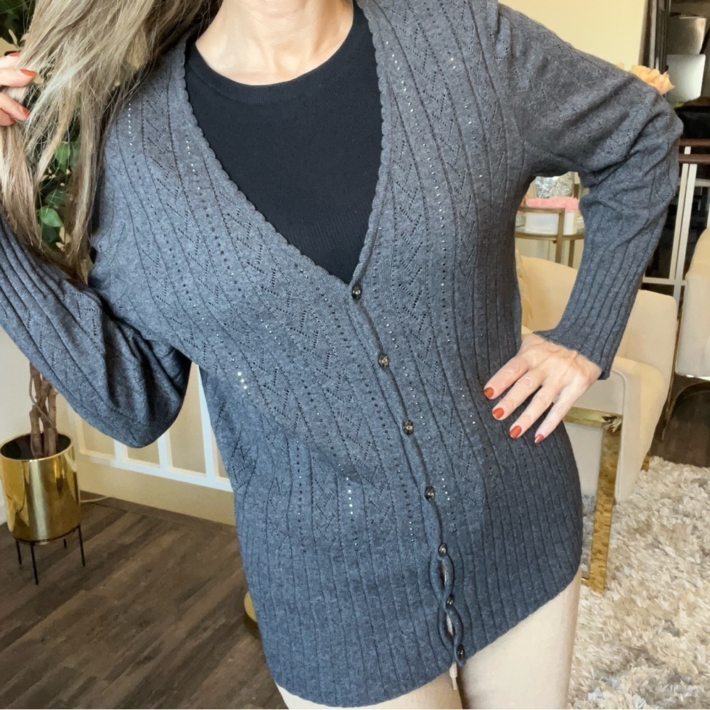 Escada Vtg Wide Ribbed V Neck Embellish Gray Knit Cardigan Sweater Y2K Soft M - Picture 5 of 13